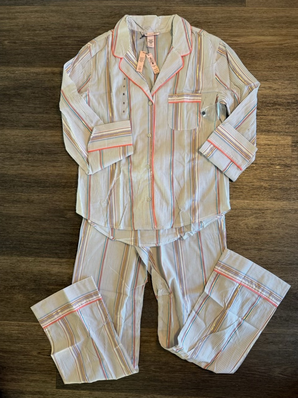 Victoria’s Secret Striped Cotton Pajama Set - White with Pink & Blue Trim